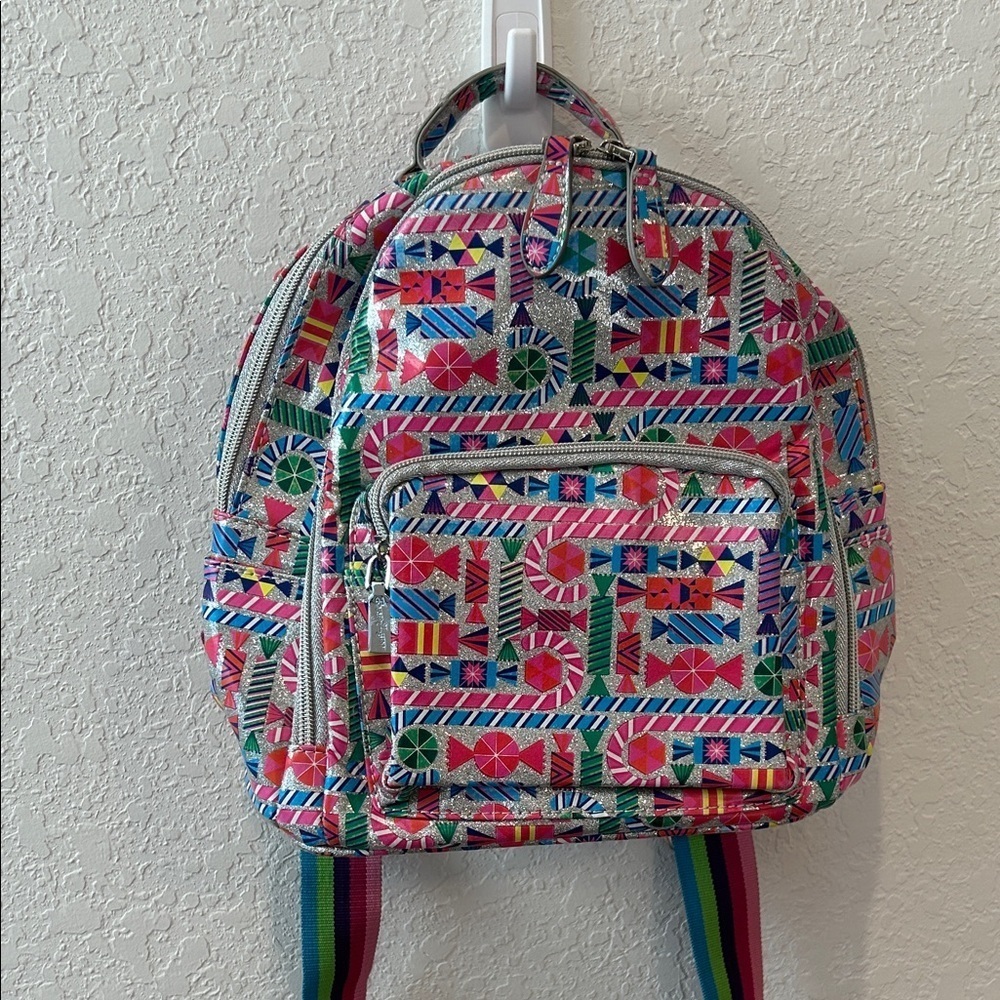 Bari Lynn Geometric Candy Print Shimmer Small Backpack Rainbow Straps